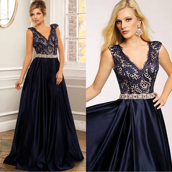 NEW JOVANI Rhinestone Lace Gown Maxi Dress in navy blue - Picture 1 of 12